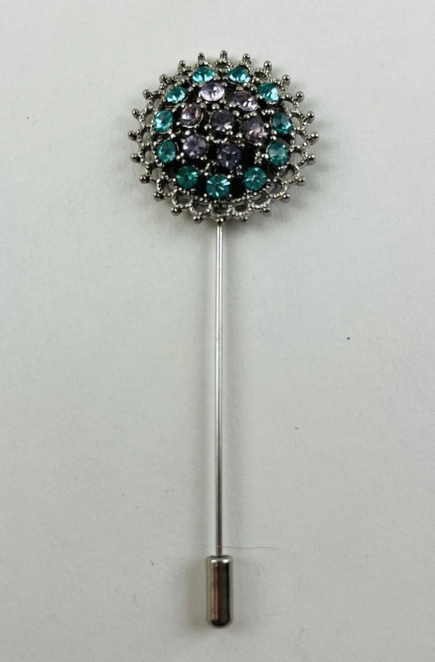 Vintage Blue Rhinestone Stick Pin Brooch Silver Tone Flower Cluster Clear Purple